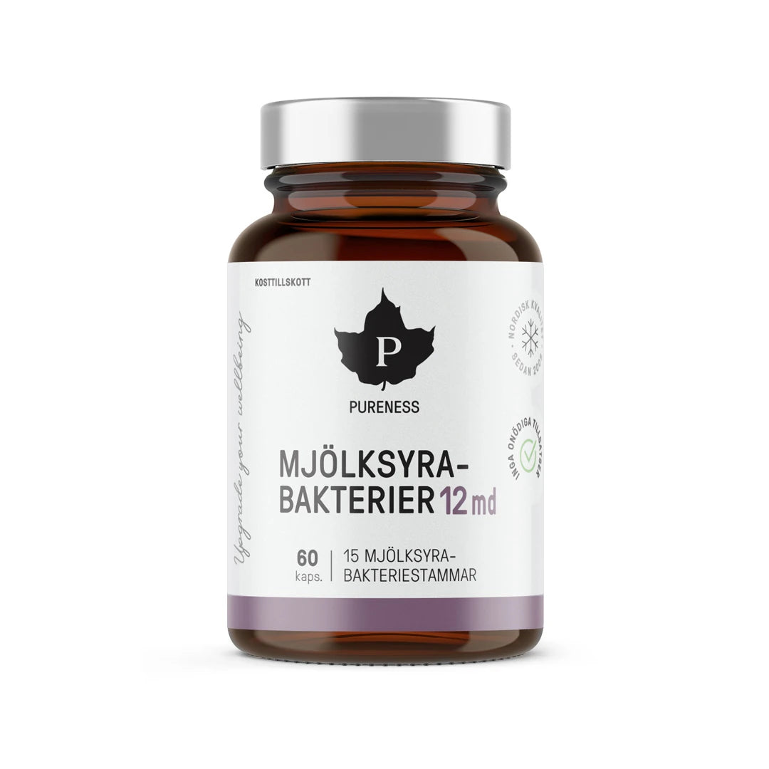 Pureness Mjölksyrabakterier 12 md 60 caps i et brunt glassglass med hvit etikett og sølvlokk.