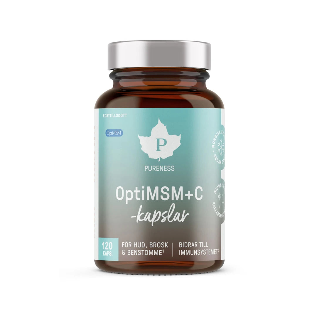Pureness OptiMSM + C capsules 120 caps i en mørk glasskrukke med sølvlokk og lyseblå etikett for hår, hud og negler.
