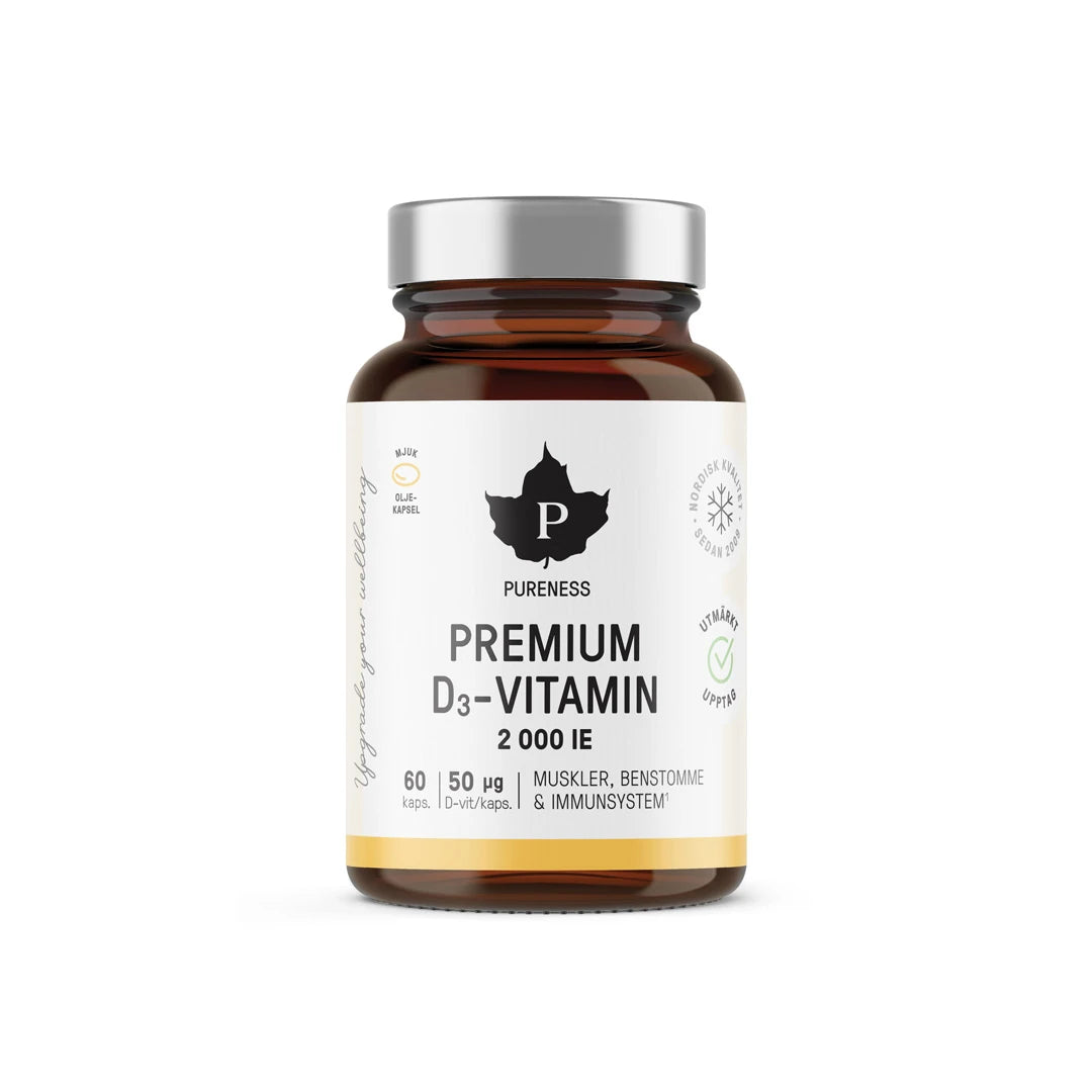 Pureness Premium D3-vitamin 2000 IE 60 caps i en mørkebrun boks med sølvfarget lokk og hvit etikett.