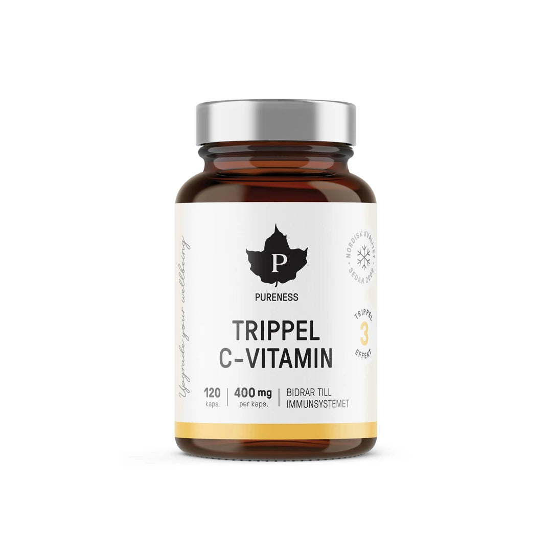 Pureness Trippel C-vitamin 120 caps kosttilskudd i en mørk boks med hvit etikett og sølvlokk.