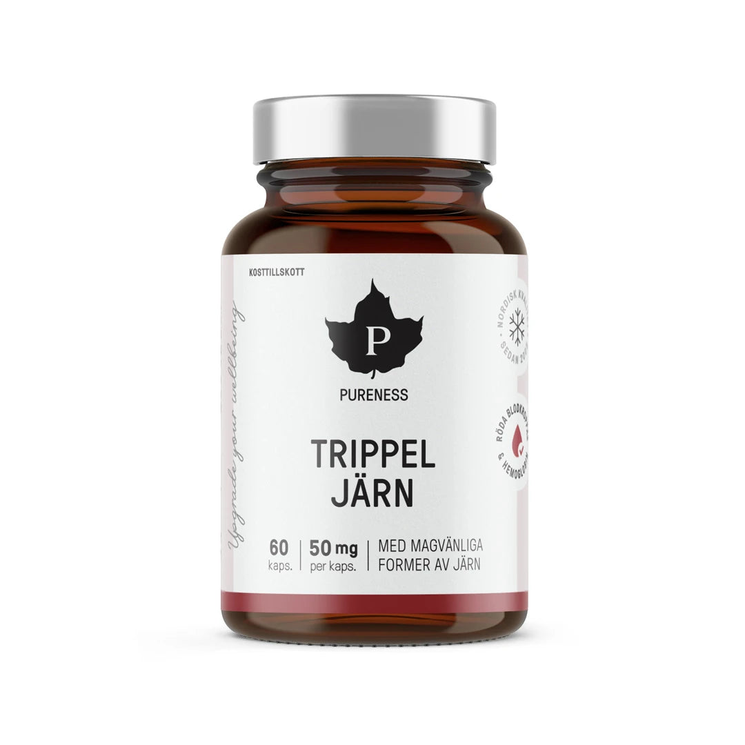 Pureness Trippel Järn 60 caps, et jerntilskudd i en mørk glasskrukke med hvit etikett og sølvlokk.