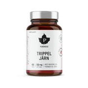 Pureness Trippel Järn 60 caps, ett järntillskott i en mörk glasburk med vit etikett och silverlock.