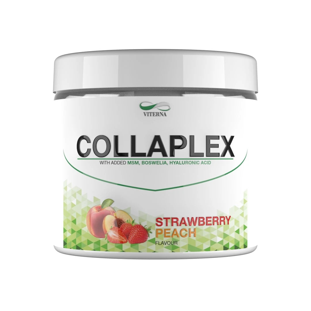 Viterna Collaplex powder 400 g kollagen i en hvit boks med grønne detaljer og fruktmotiv for smaken Strawberry Peach.