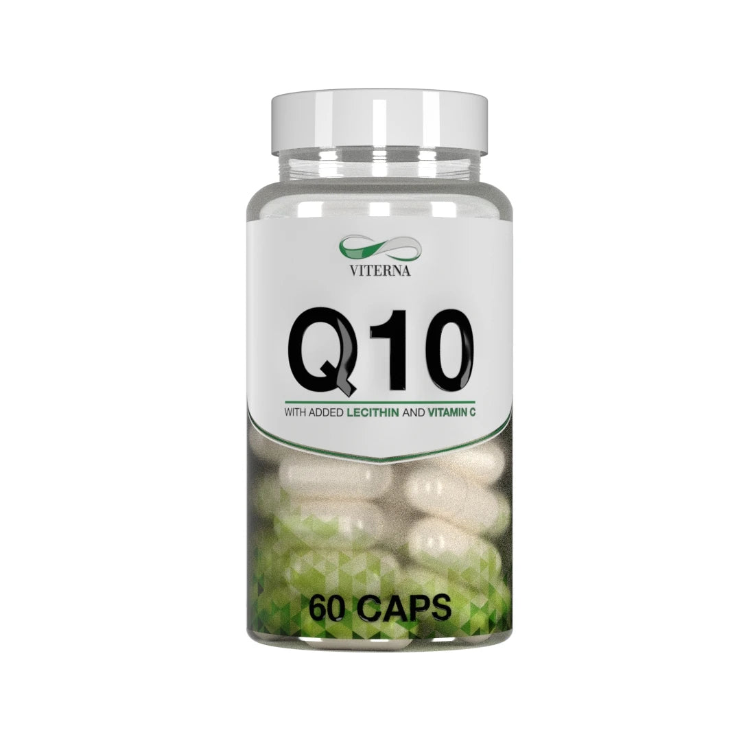 Viterna Q10 60 caps i en gjennomsiktig boks med hvit etikett og grønne detaljer, fylt med hvite kapsler.