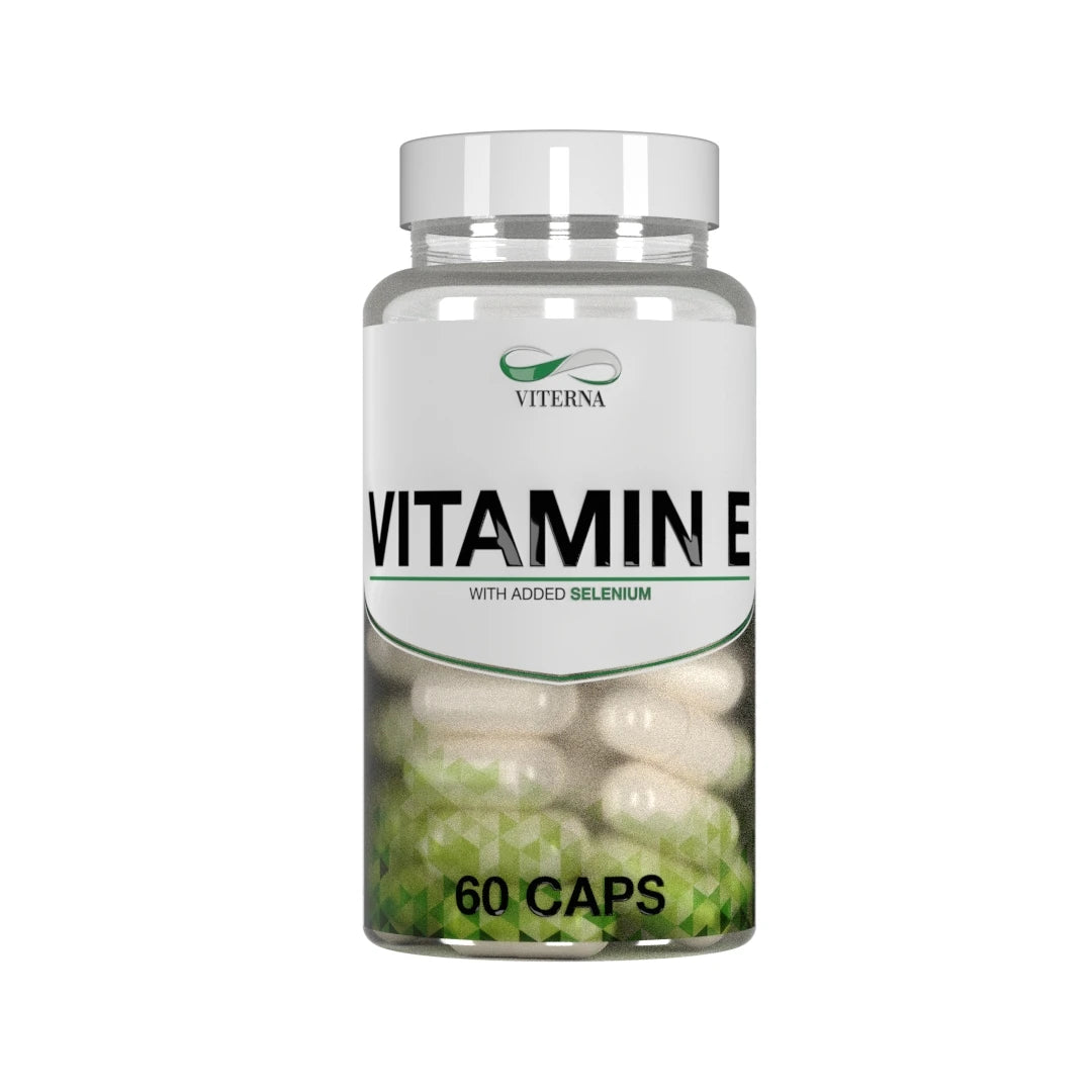 Viterna Vitamin E + Selenium 60 caps kosttilskudd i en gjennomsiktig boks med hvit etikett og grønne detaljer.