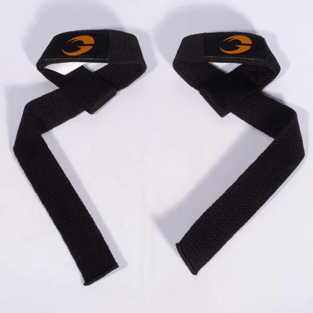 GASP Classic Lifting Straps Black, et par svarte drareimer i kraftig bomull med oransje logo.