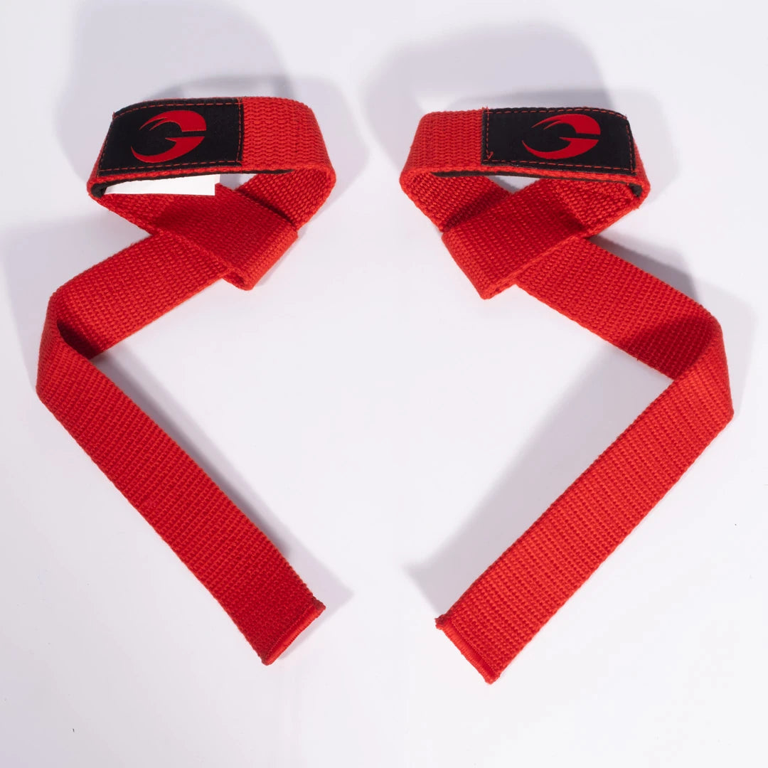 Et par røde GASP Lifting straps Red/Black drareimer i kraftig bomull med svart logo.