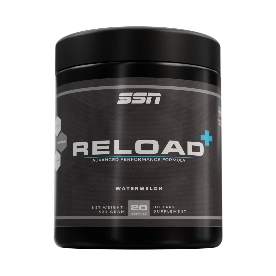 SSN Reload+ 424 g aminosyrer i en svart boks med sølvdetaljer i smaken Watermelon.