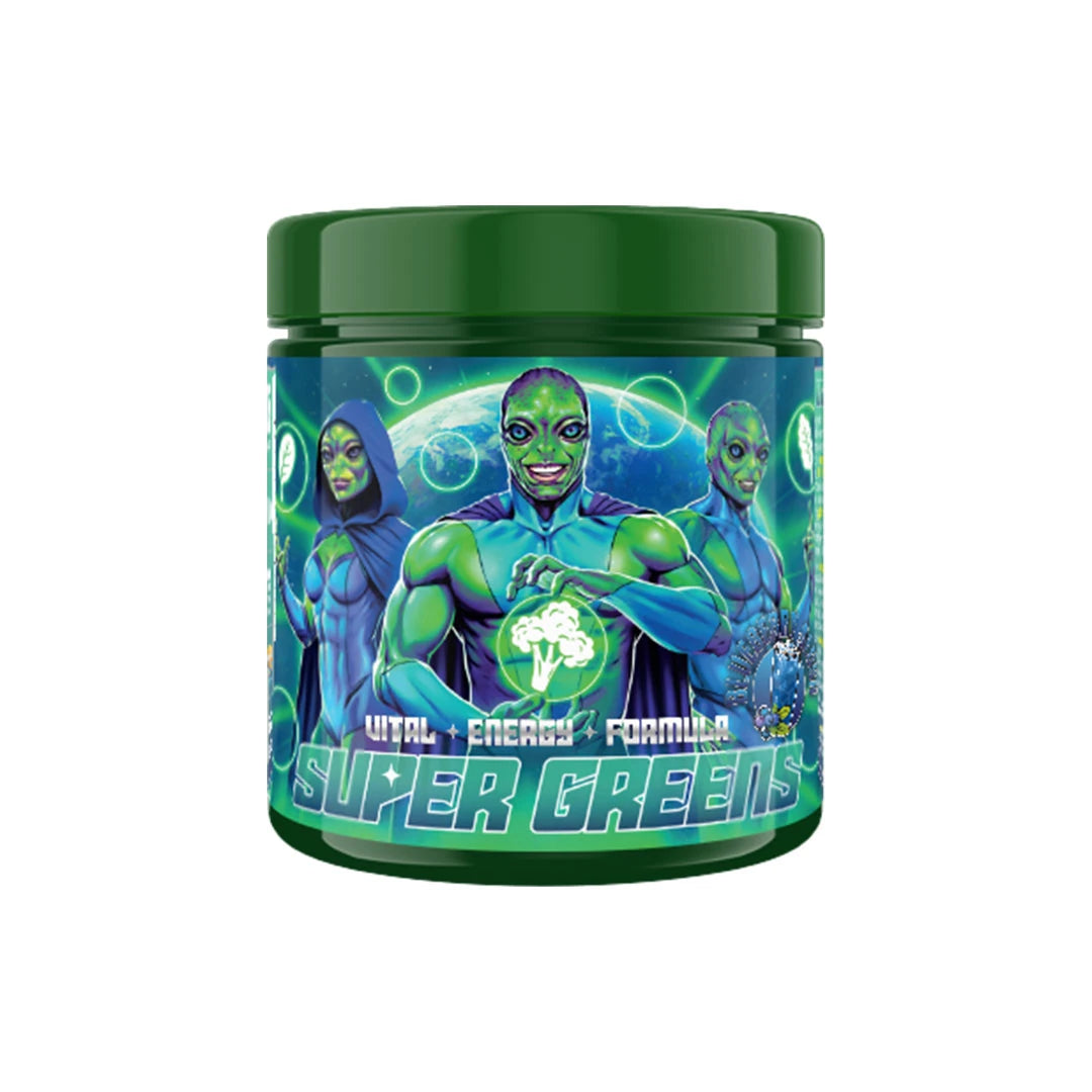 Swedish Supplements Super Greens 250 g, et greenspulver i en mørkegrønn boks med rommotiv på etiketten.