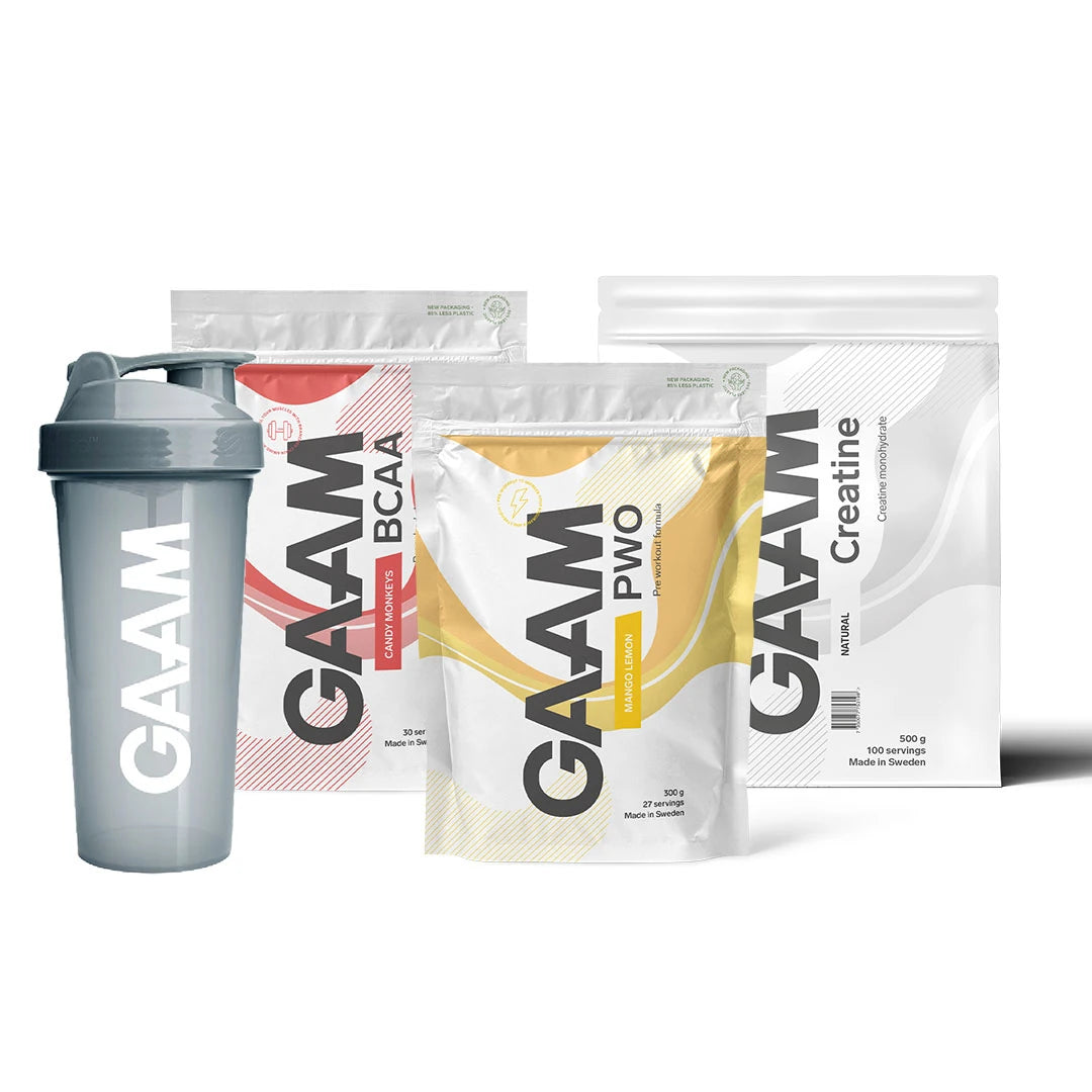 GAAM Performance Paket med en grå shaker og tre hvite poser med røde og gule detaljer for BCAA, PWO og kreatin., bilde 1 av 1