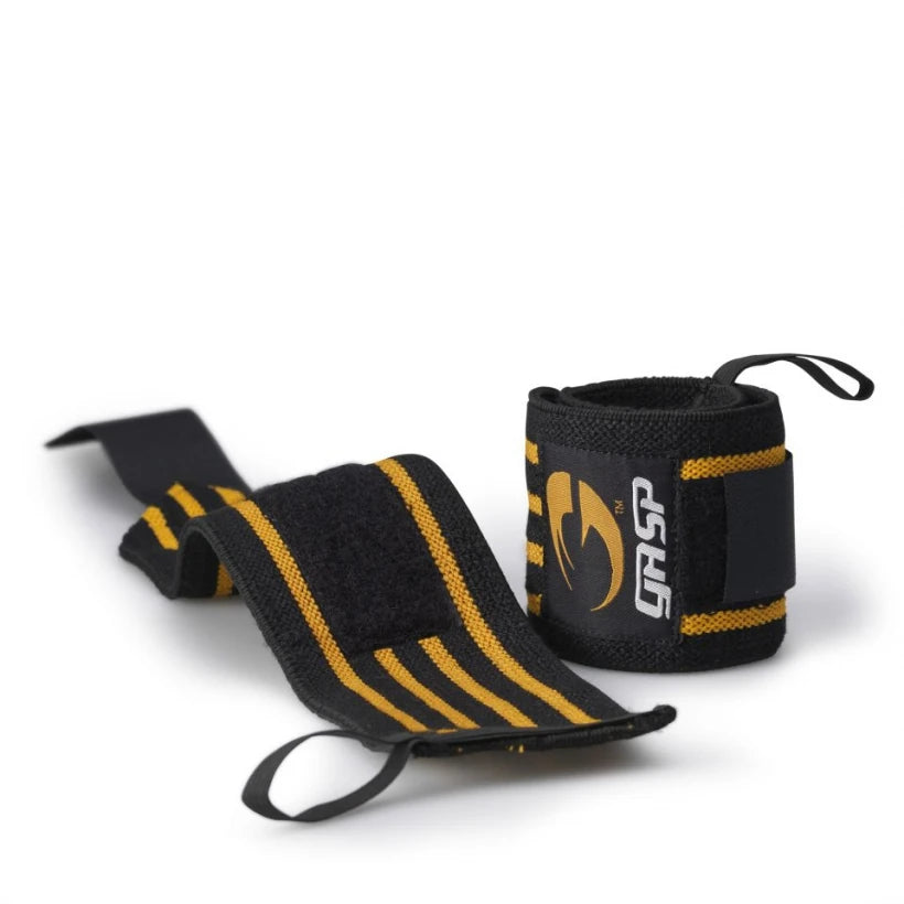 Gasp Hardcore Wrist Wraps Black, elastiske svarte håndleddsbind med oransje striper og borrelås for tunge løft.
