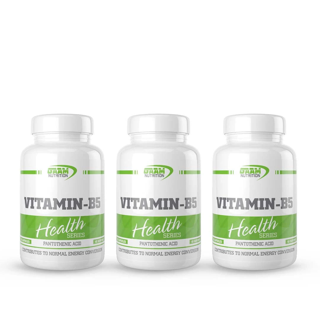 3 x GAAM Vitamin B5 90 caps vitamintilskudd i tre hvite plastbokser med grønne og grå detaljer.