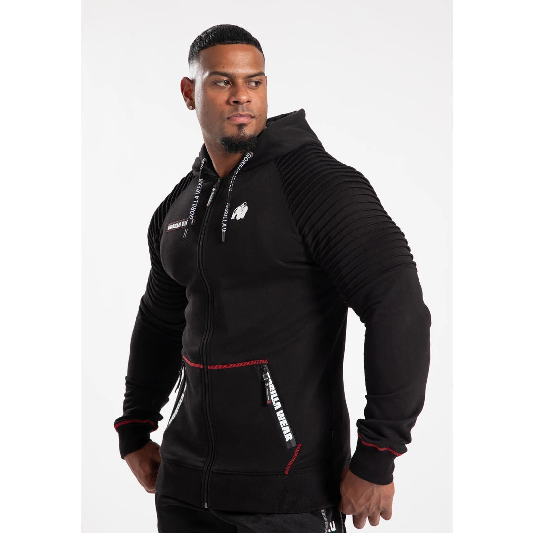 Gorilla Wear Georgia Zipped Hoodie Black, en svart hettegenser med ribbestrikket skulderparti og røde kontrastsømmer., bilde 2 av 8