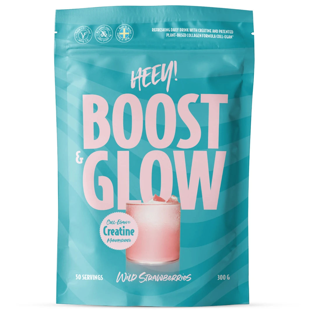 Heey! Boost &amp; Glow Creatine + Coll-egan® 300 g kreatinpulver i en turkis pose med rosa tekst for smaken Wild Strawberries., bilde 3 av 3