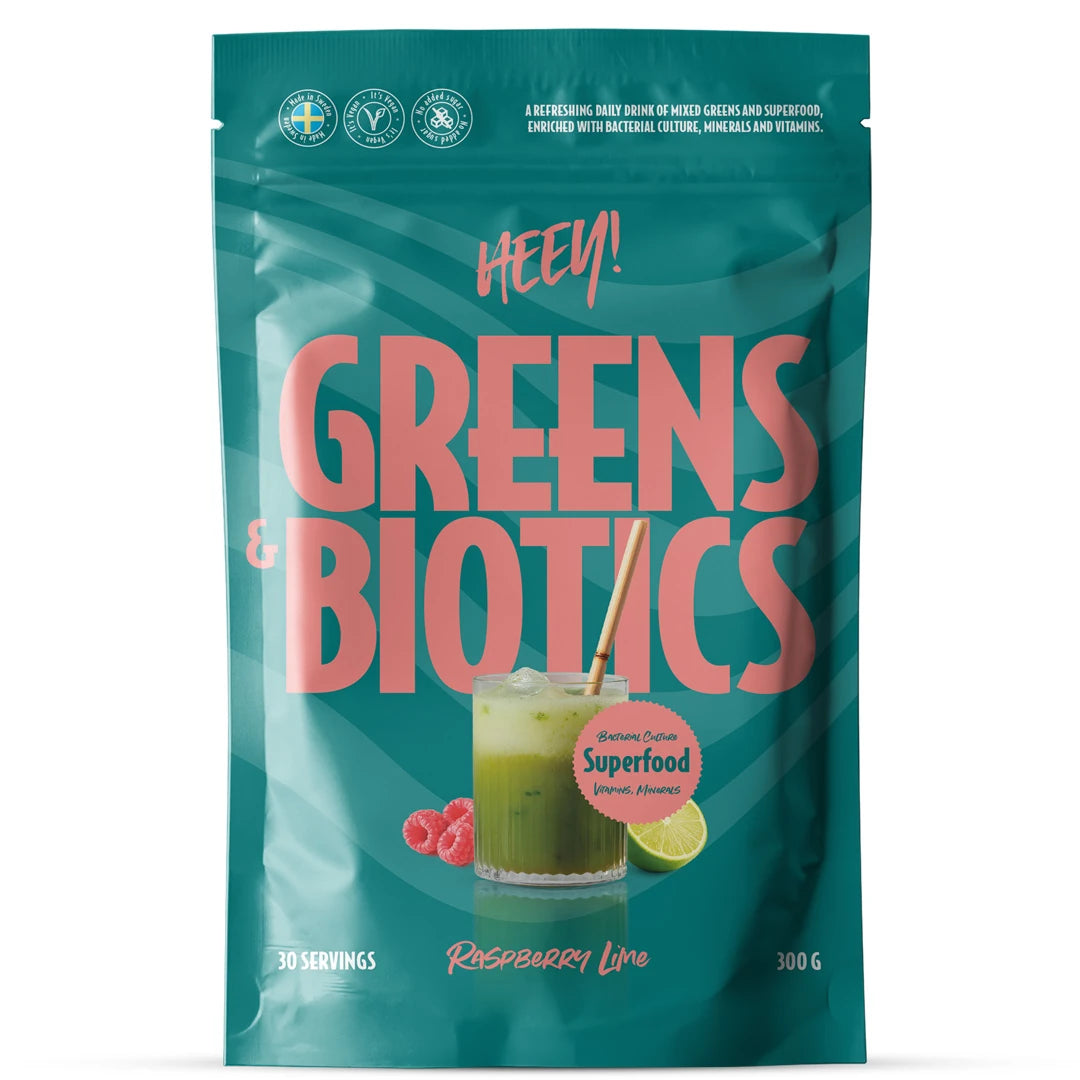 Heey! Greens & Biotics Superfood + Probiotics 300 g pulver i en turkis pose med smaken Raspberry Lime.