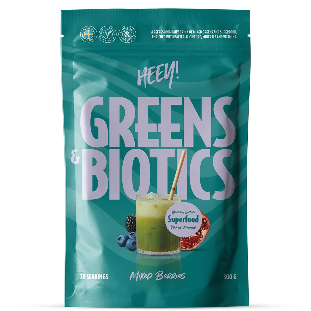 Turkis pose med Heey! Greens & Biotics Superfood + Probiotics 300 g pulver i smaken Mixed Berries.