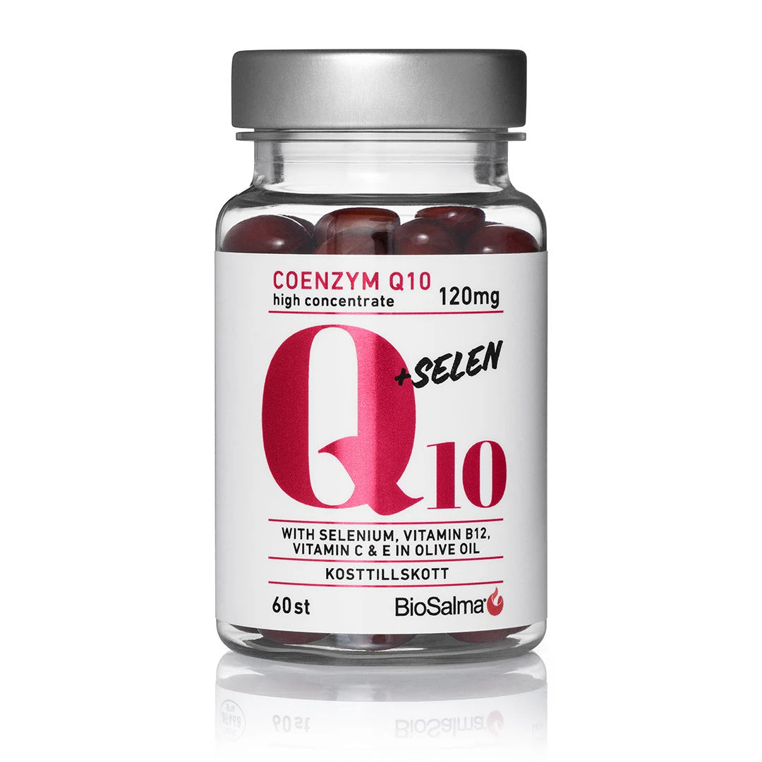 BioSalma Q10 Coenzym 120mg + selen 60 caps i en gjennomsiktig boks med grått lokk og rosa tekst på hvit etikett.
