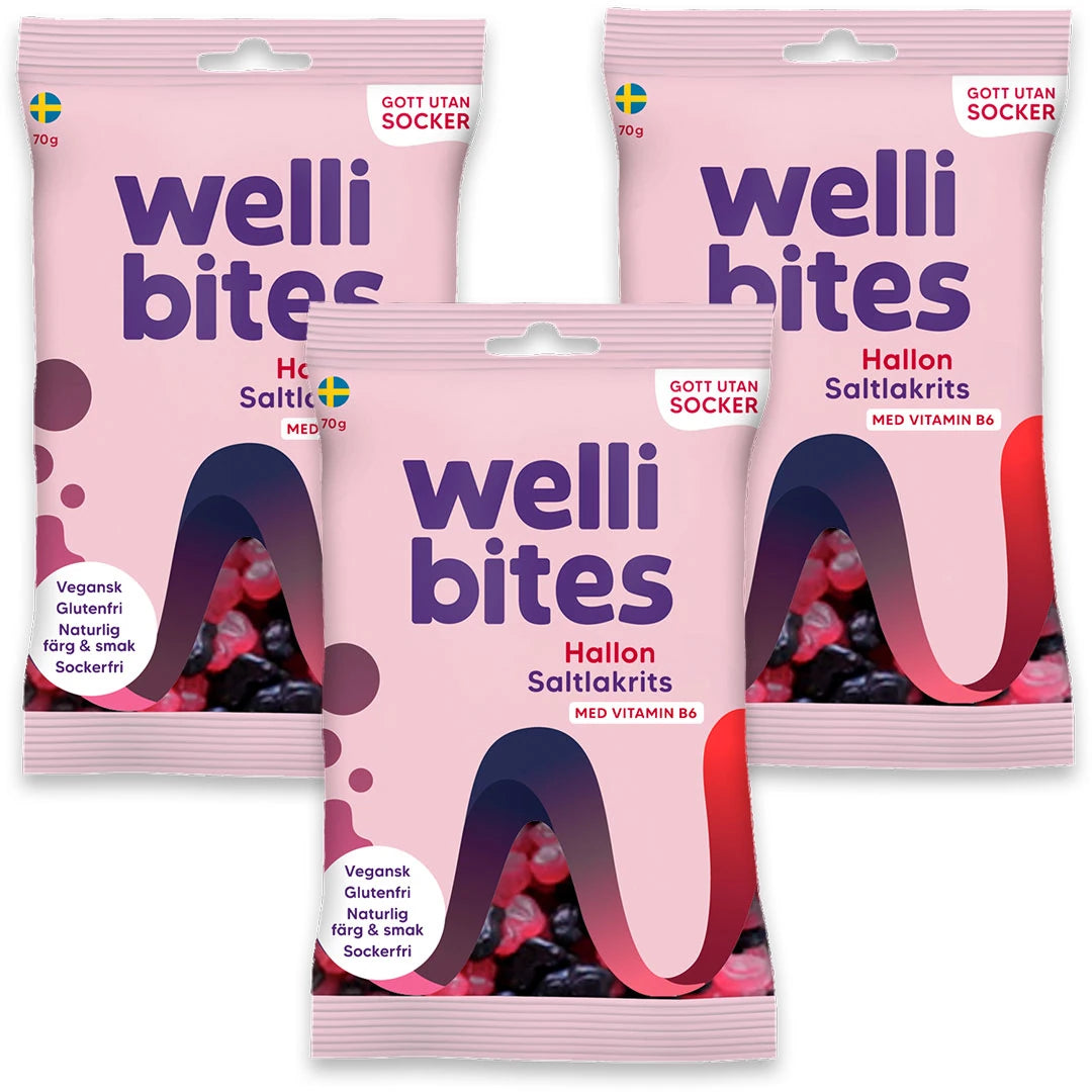 3 x Wellibites Candy 70 g Hallon & Saltlakrits i tre lyserosa poser for det sukkerfrie godteriet.