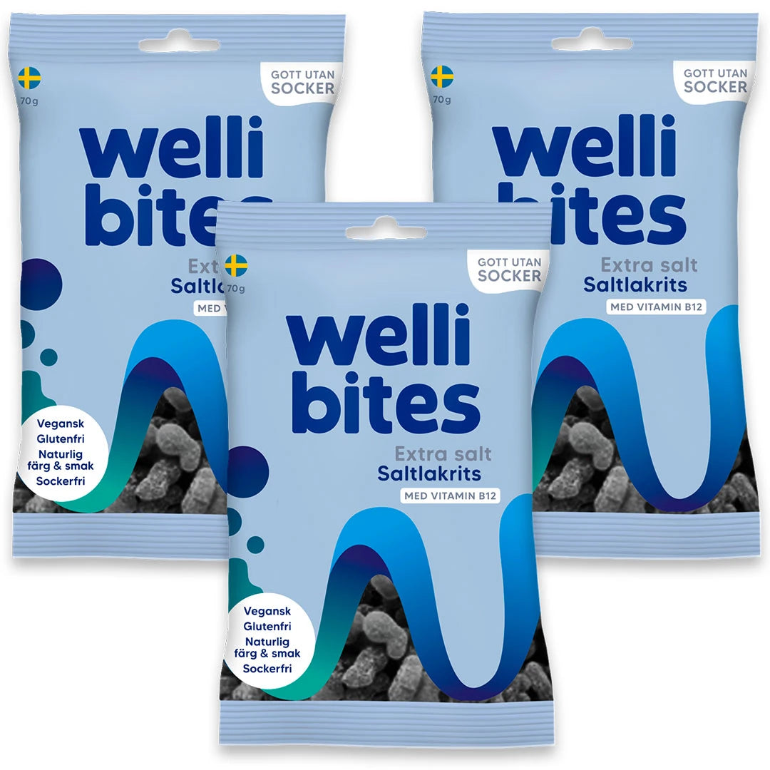 3 x Wellibites Candy 70 g Extra salt Saltlakrits i tre lyseblå poser med mørkeblå detaljer.