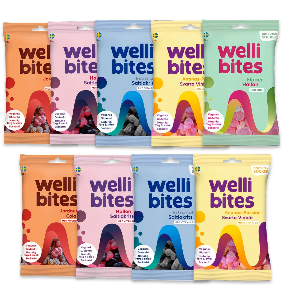 9 x Wellibites Candy 70 g i fargerike godteriposer for ulike smaker som Jordbær Cola og Ekstra Saltlakris.