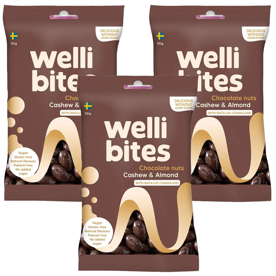 3 x Wellibites Candy 50 g Chocolate Nuts Cashew &amp; Almond i tre brune poser med vegansk godteri., bilde 1 av 1
