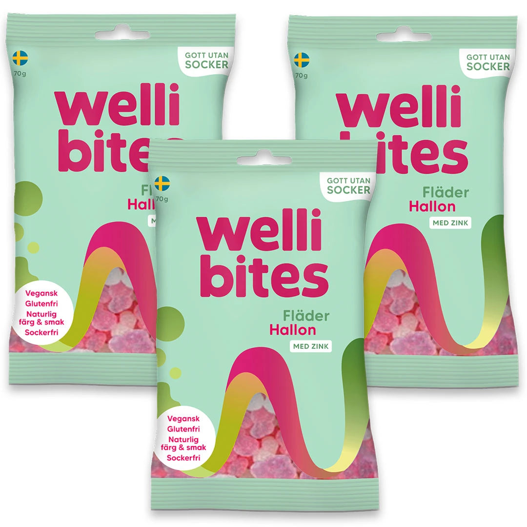 3 x Wellibites Candy 70 g i grønne poser med fargerike detaljer for smaken Fläder & Hallon.