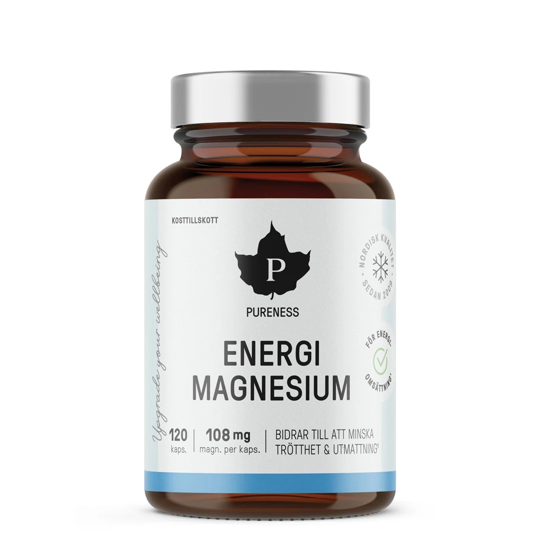 Pureness Energimagnesium 120 caps i en mørk glasskrukke med hvit etikett og sølvfarget lokk for økt energiomsetning.