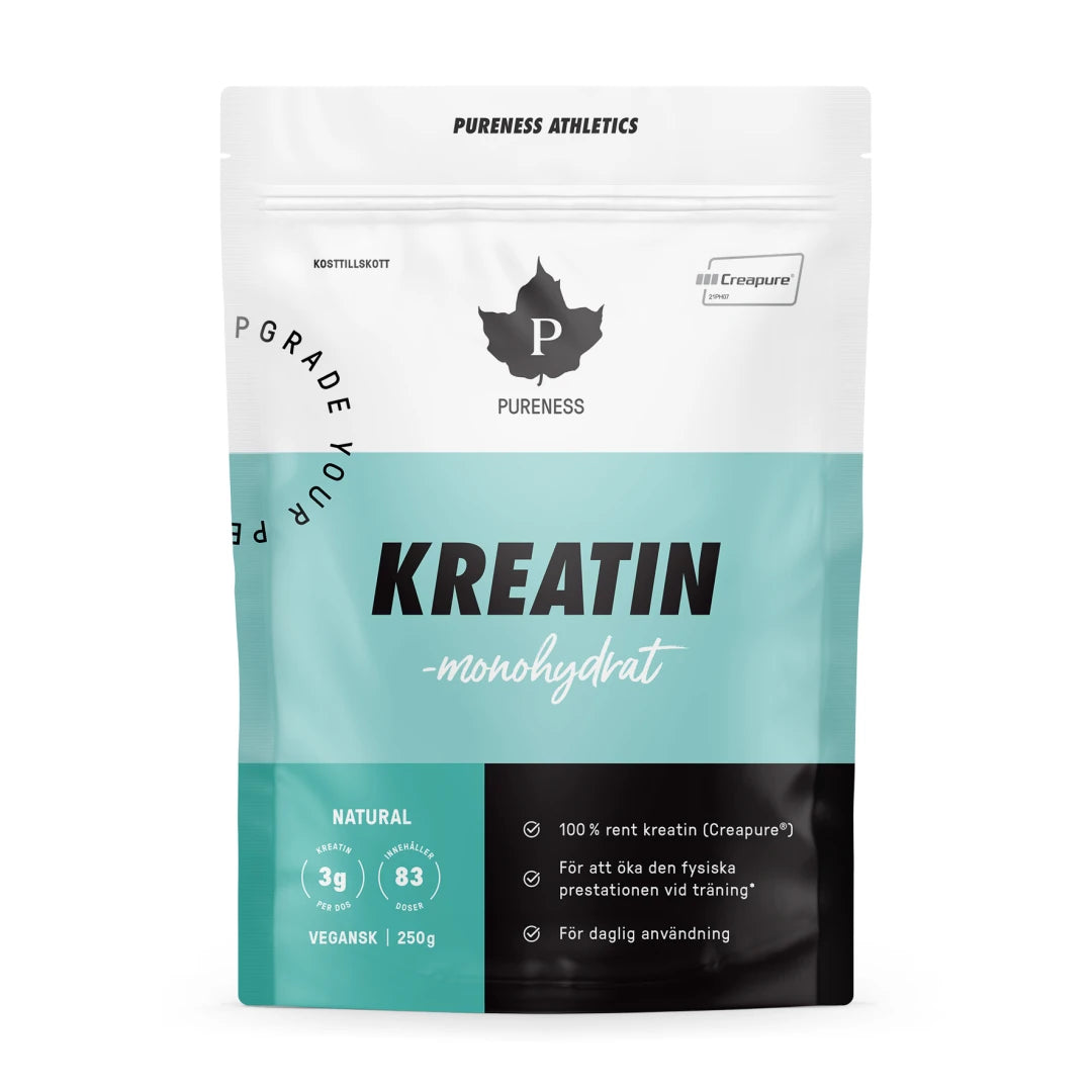 Pureness Kreatin Creapure 250 g i en hvit og lyseblå pose med mørkeblå detaljer.