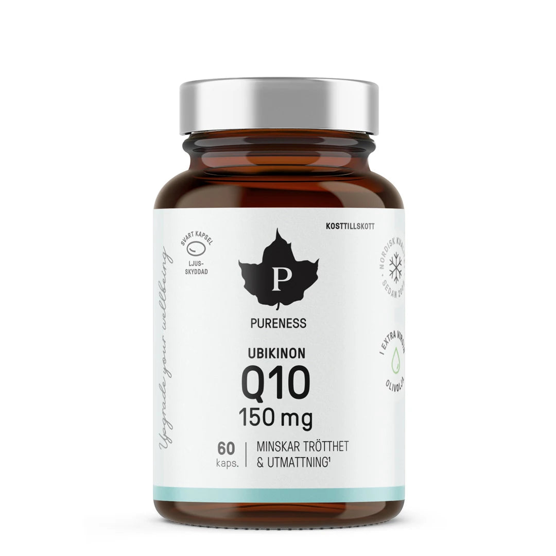 Pureness Q10 Ubikinon 150 mg 60 caps kosttilskudd i en brun glasskrukke med hvit etikett og sølvfarget lokk.