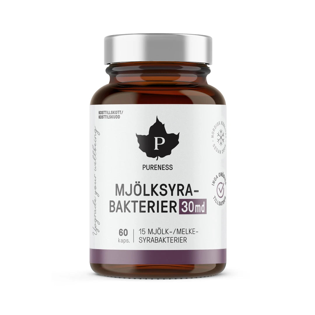 Pureness Mjölksyrabakterier 30 md 60 caps i en brun glasskrukke med hvit etikett og sølvlokk.