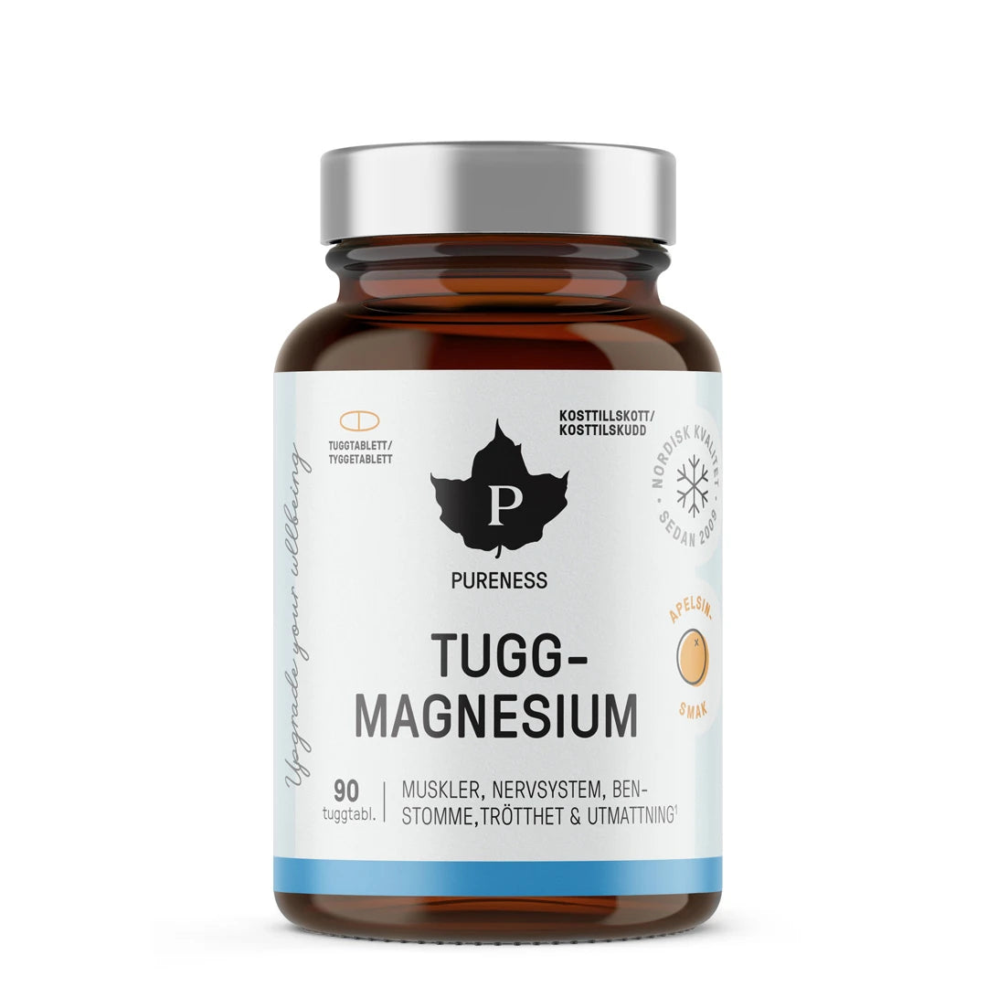 Pureness Tuggmagnesium 90 tabs med smak av appelsin i en mørkebrun boks med hvit og lyseblå etikett og sølvfarget lokk.