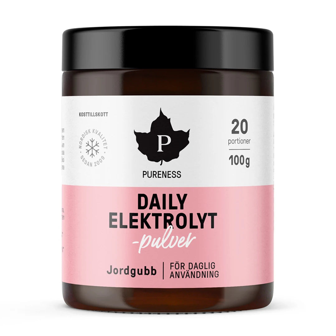 Pureness Daily Elektrolytpulver 100 g i en mørk boks med rosa og hvit etikett for smaken Jordbær.