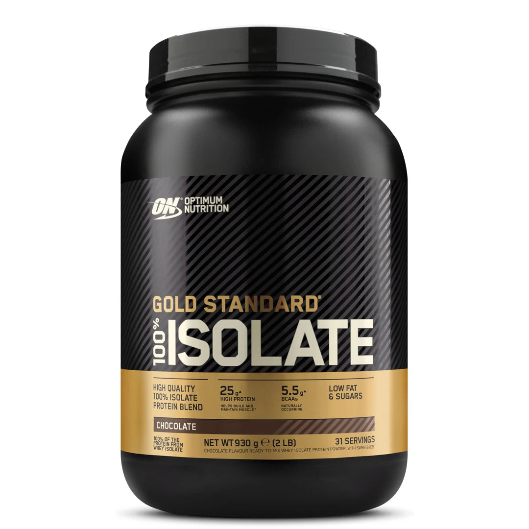 Optimum Nutrition 100% Gold Standard Isolate 930 g proteinpulver i en svart boks med gulldetaljer og smaken Chocolate.