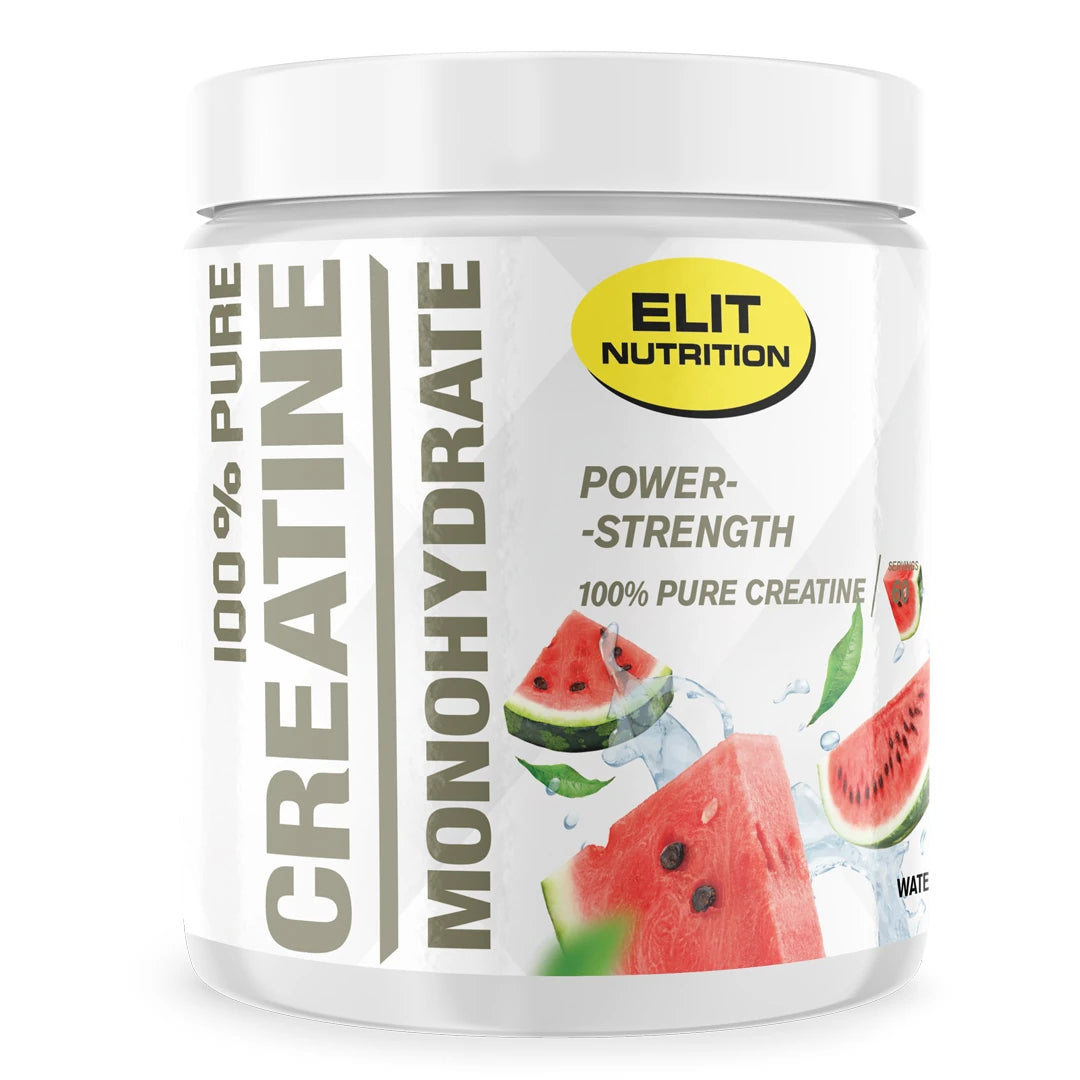 Elit Nutrition 100% Pure Creatine Monohydrate 300 g i en hvit boks med vannmelon på etiketten for smaken Watermelon.