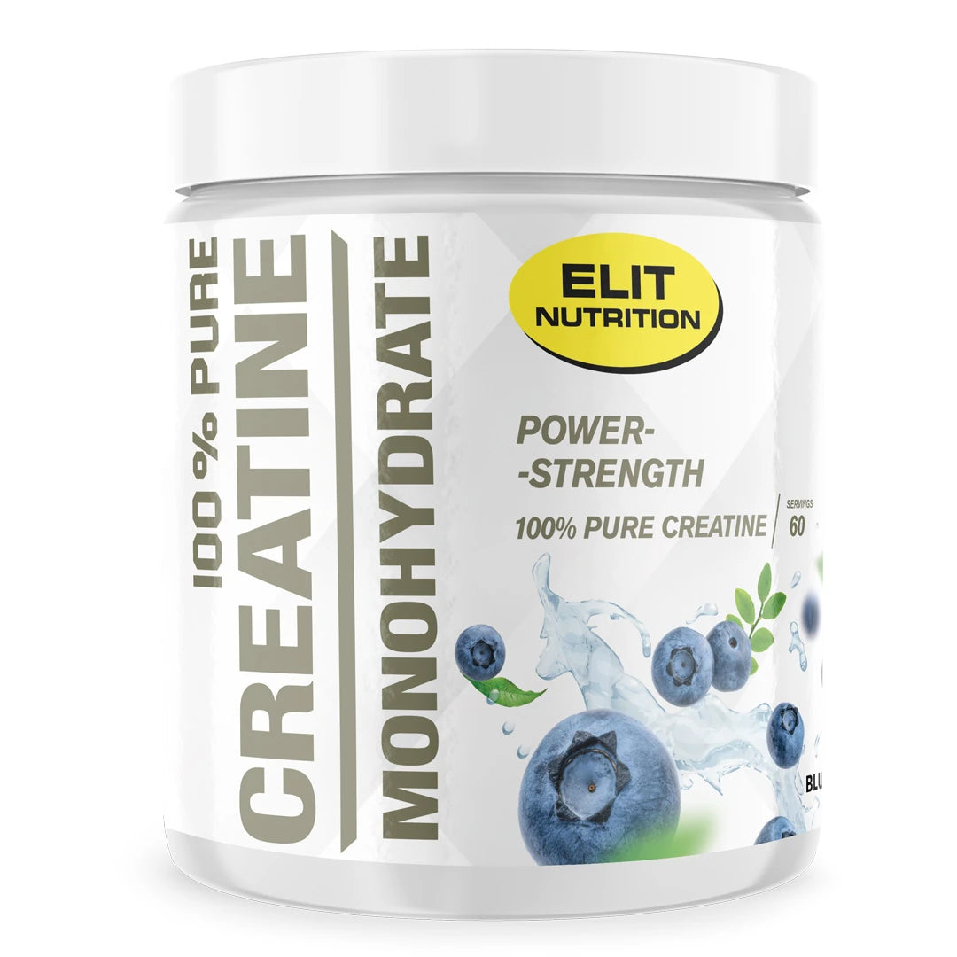 Elit Nutrition 100% Pure Creatine Monohydrate 300 g kreatinpulver i en hvit boks med blåbær som indikerer smaken Blueberry.
