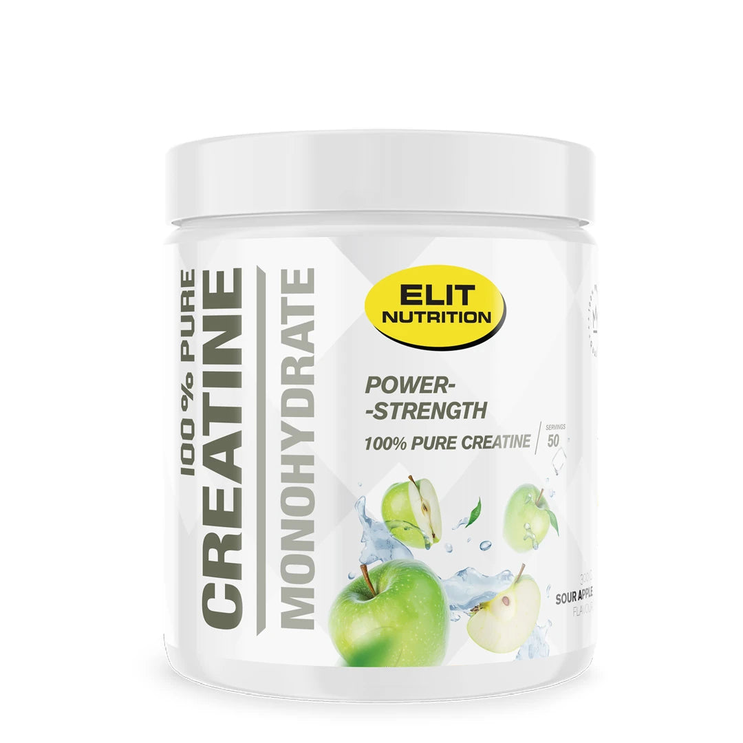 Elit Nutrition 100% Pure Creatine Monohydrate 300 g kreatinpulver i en hvit boks med smaken Sour Apple.