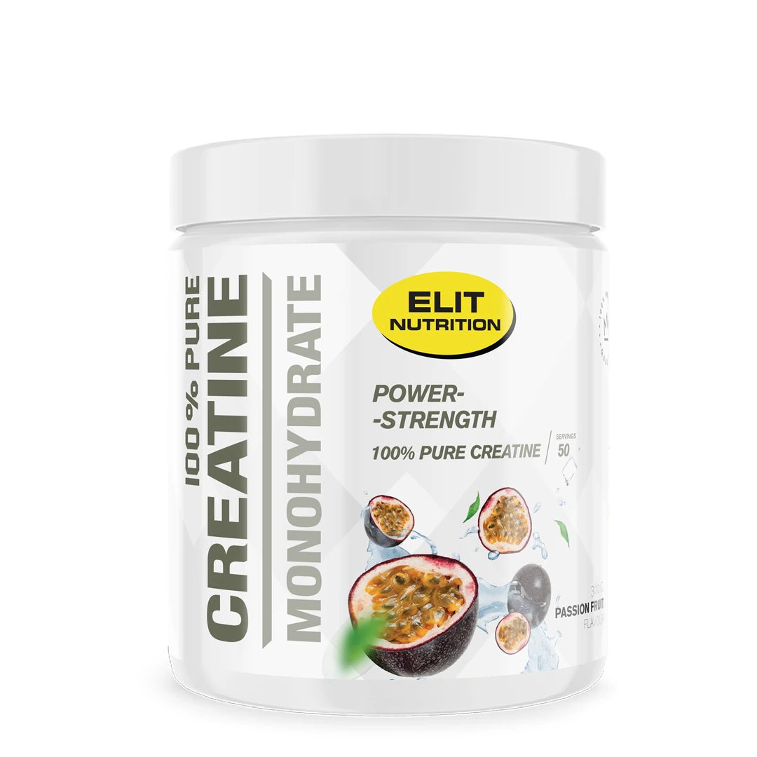 Hvit boks med Elit Nutrition 100% Pure Creatine Monohydrate 300 g kreatinpulver og pasjonsfrukt for smaken Passion.