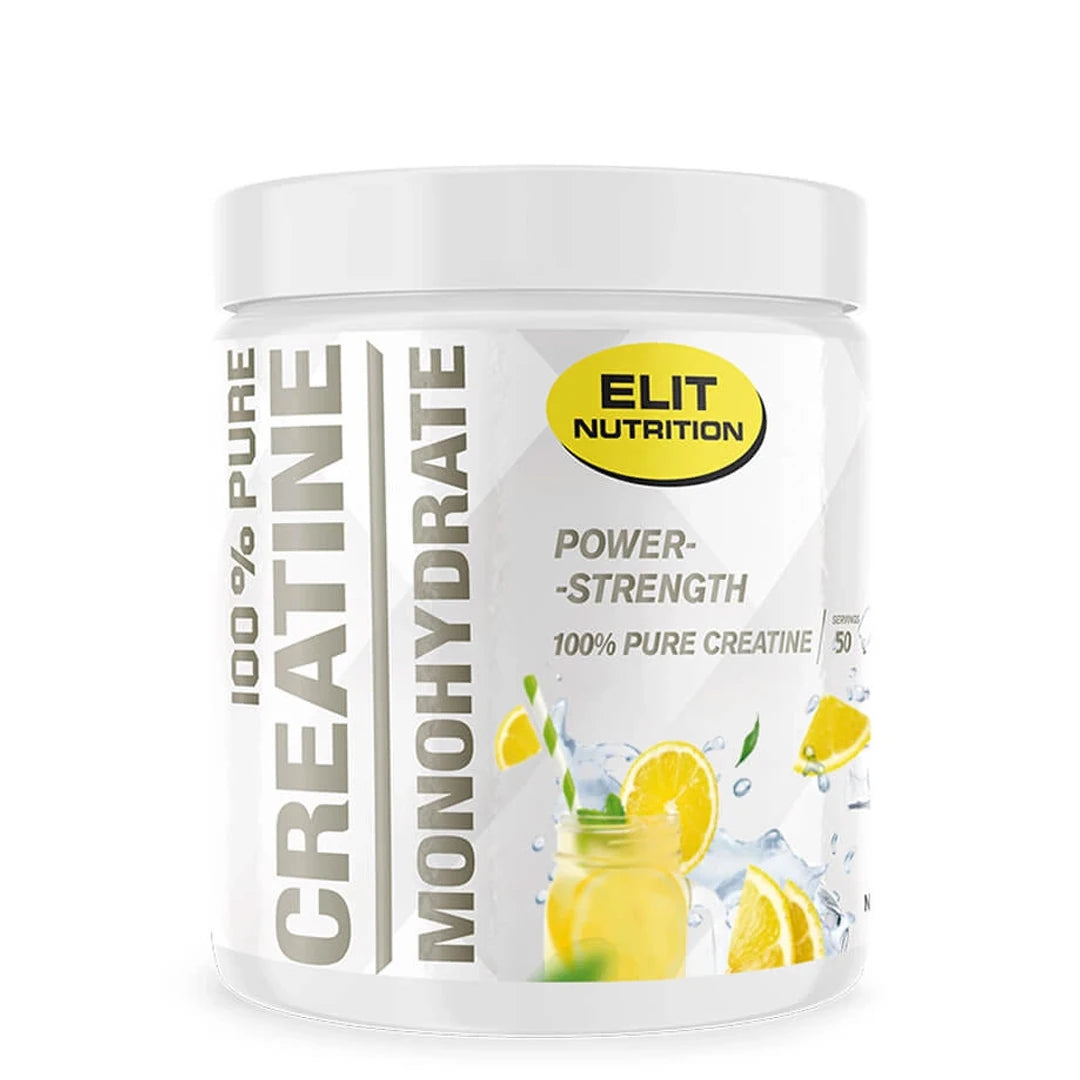 Elit Nutrition 100% Pure Creatine Monohydrate 300 g i en hvit boks med sitroner som viser smaken Lemonade.