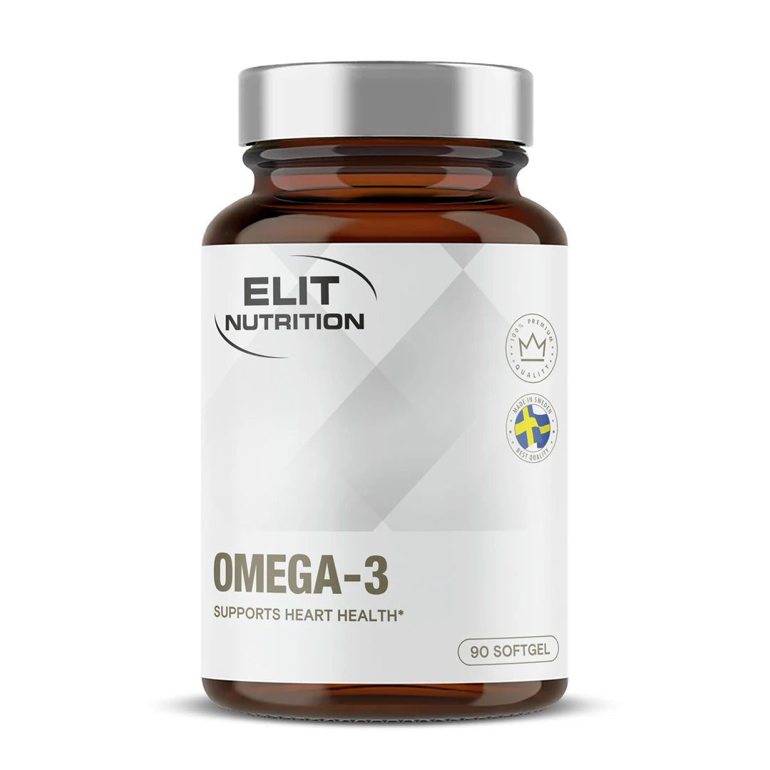 Elit Nutrition Omega-3 90 softgel pakket i en mørkebrun boks med hvit etikett og sølvlokk.