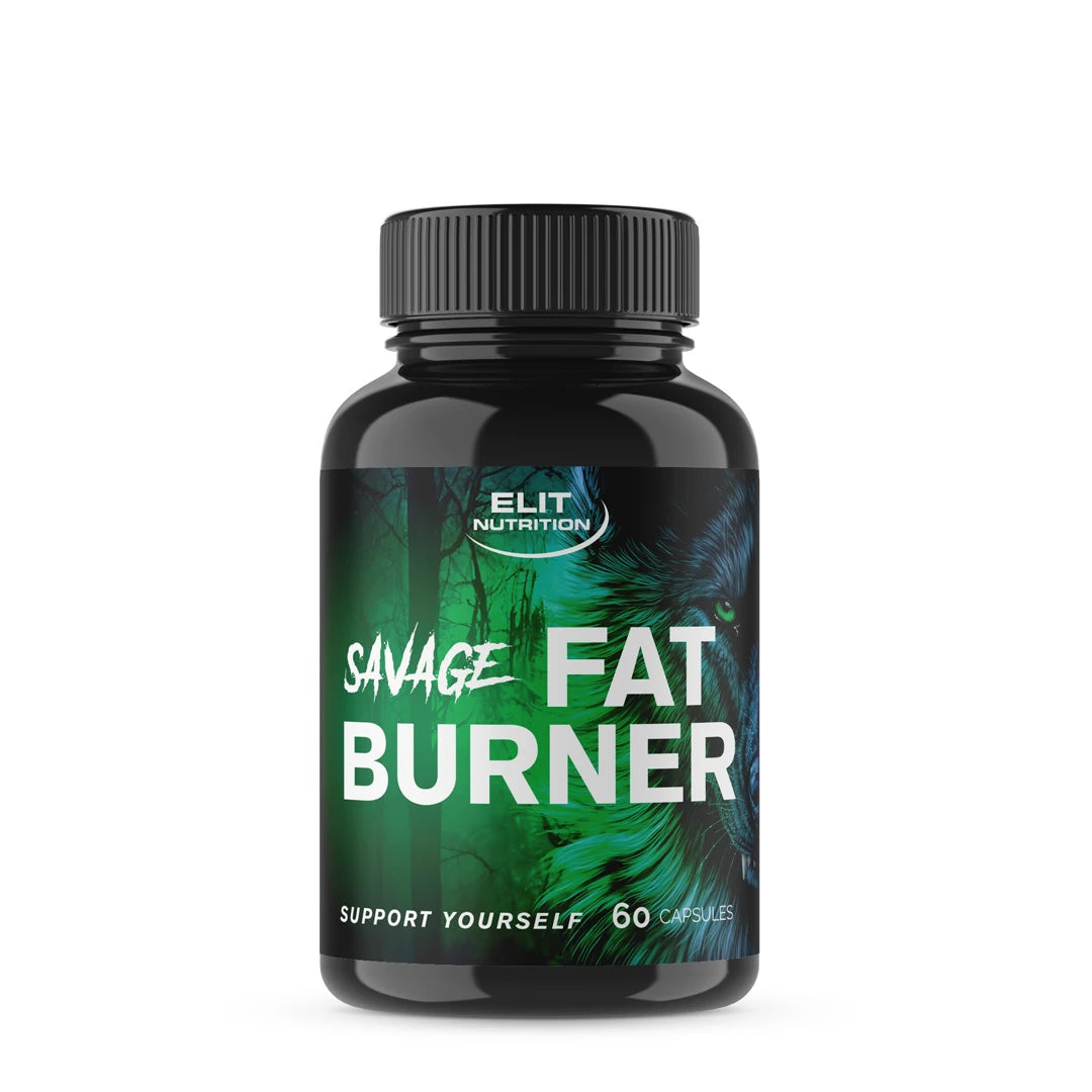 Elit Nutrition Savage FAT Burner fettforbrenner 90 kapsler i en svart boks med mørkegrønn design.
