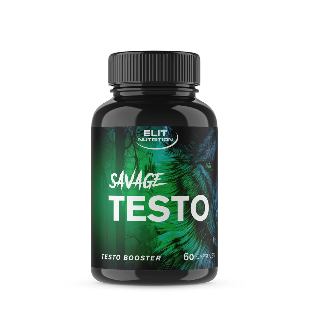 Elit Nutrition Savage TESTO testosteronbooster 60 caps i en svart boks med grønn etikett og dyremotiv.
