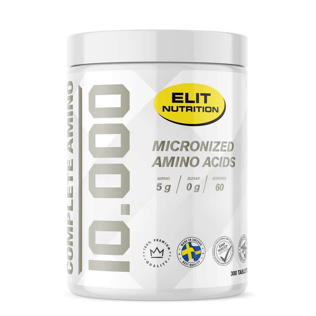 Elit Nutrition Complete Amino 10.000 300 tabs i en hvit boks med gule og svarte detaljer.