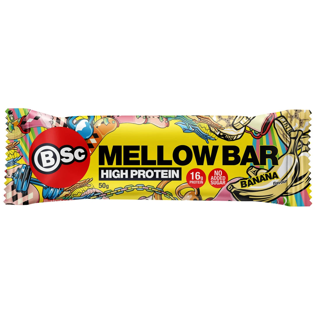 BSc Mellow Bar 50 g proteinbar i en gul forpakning med fargerike detaljer for smaken Banana.