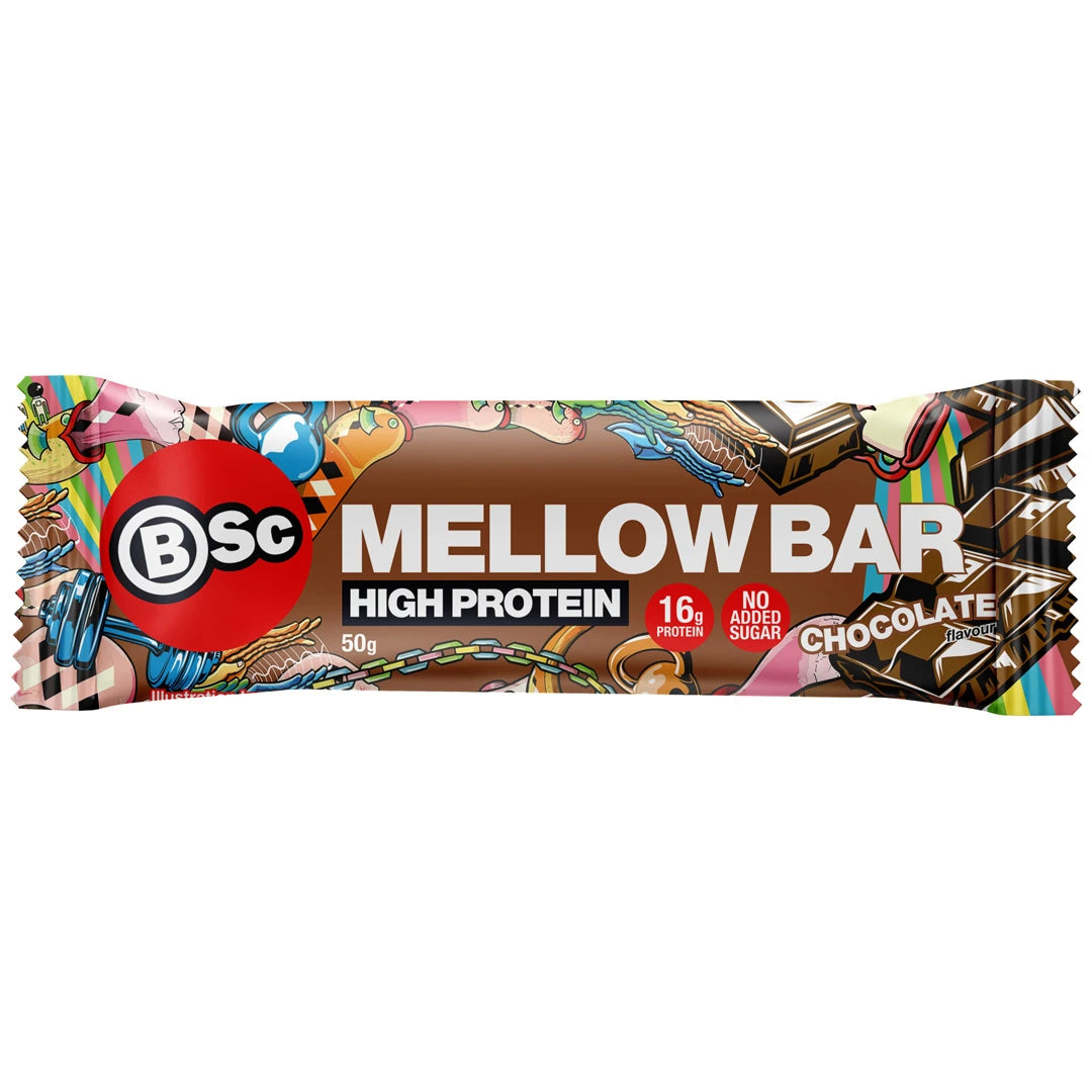 BSc Mellow Bar 50 g proteinbar i en brun emballasje med fargerike illustrasjoner for smaken Chocolate., bilde 2 av 4