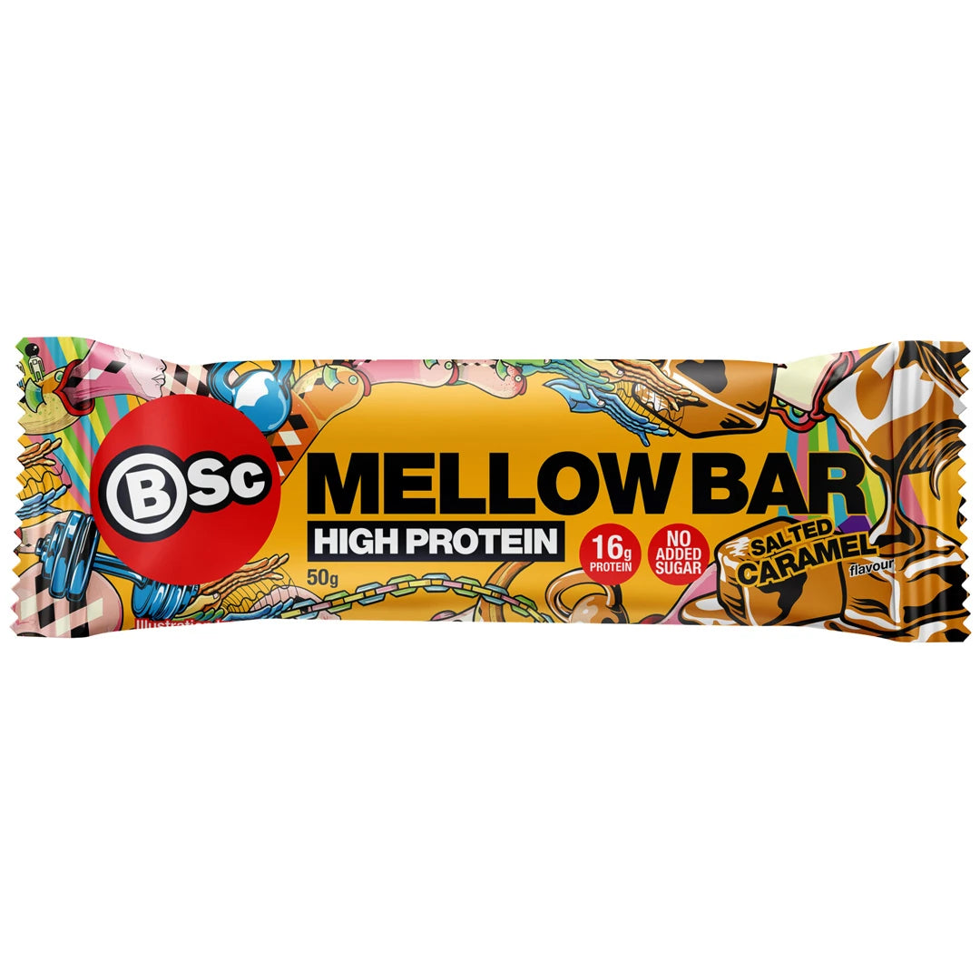 BSc Mellow Bar 50 g proteinbar i et oransje omslag med fargerike detaljer for smaken Salted Caramel., bilde 3 av 4