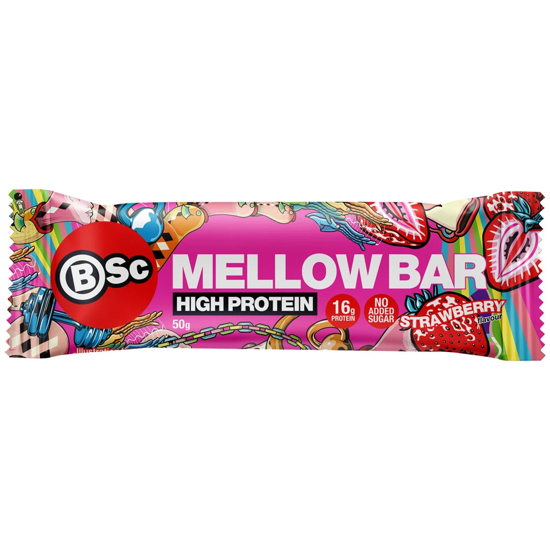 BSc Mellow Bar 50 g proteinbar i en fargerik rosa emballasje med jordbærmotiv for smaken Strawberry.