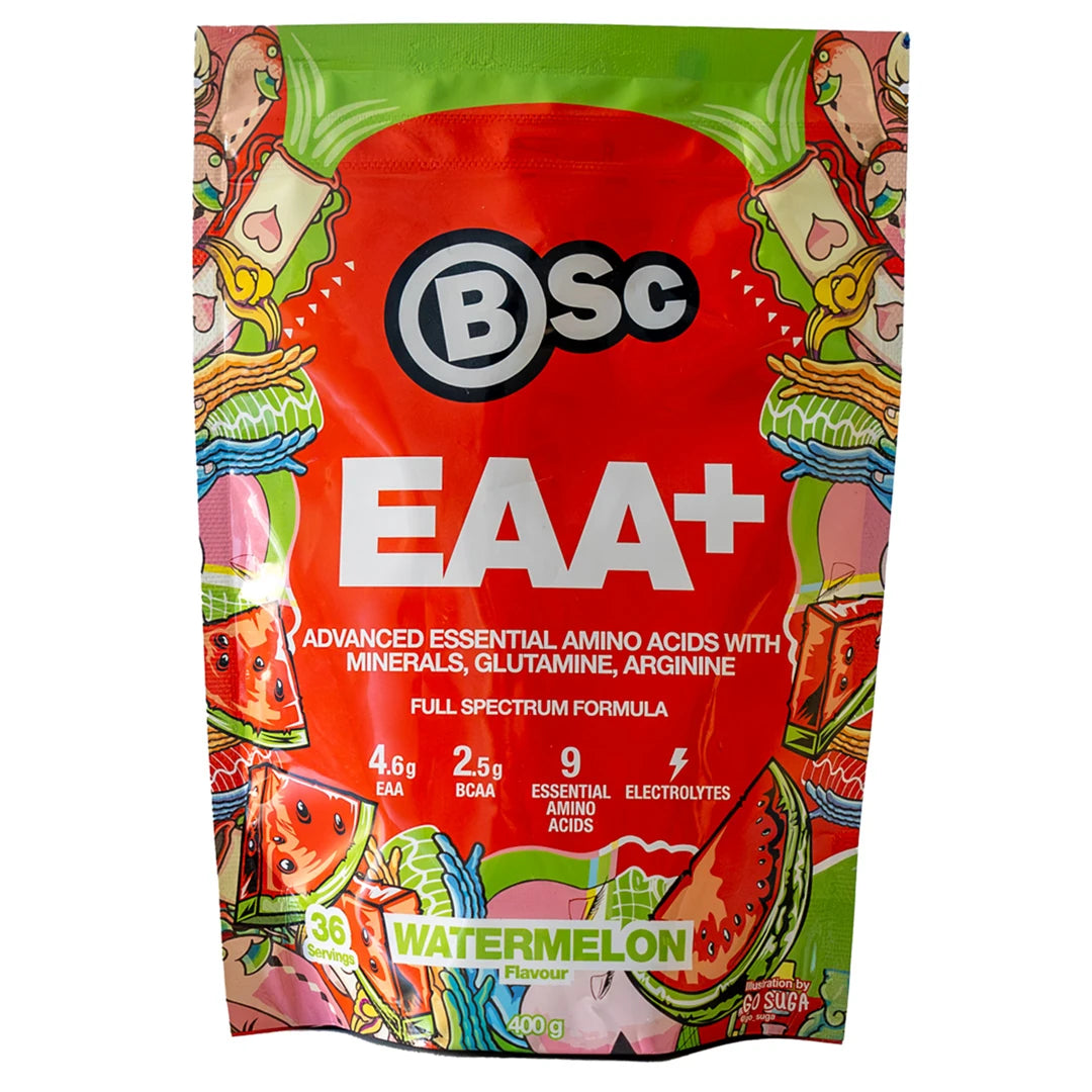BSc EAA 400 g kosttilskudd i pulverform, pakket i en rød pose med illustrasjoner av vannmelon og grønne detaljer.