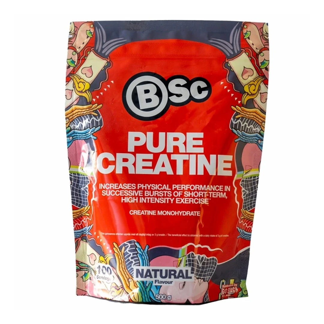 BSc Pure Creatine Kreatin 500 g i pulverform, pakket i en rød pose med fargerike illustrasjoner og naturell smak.