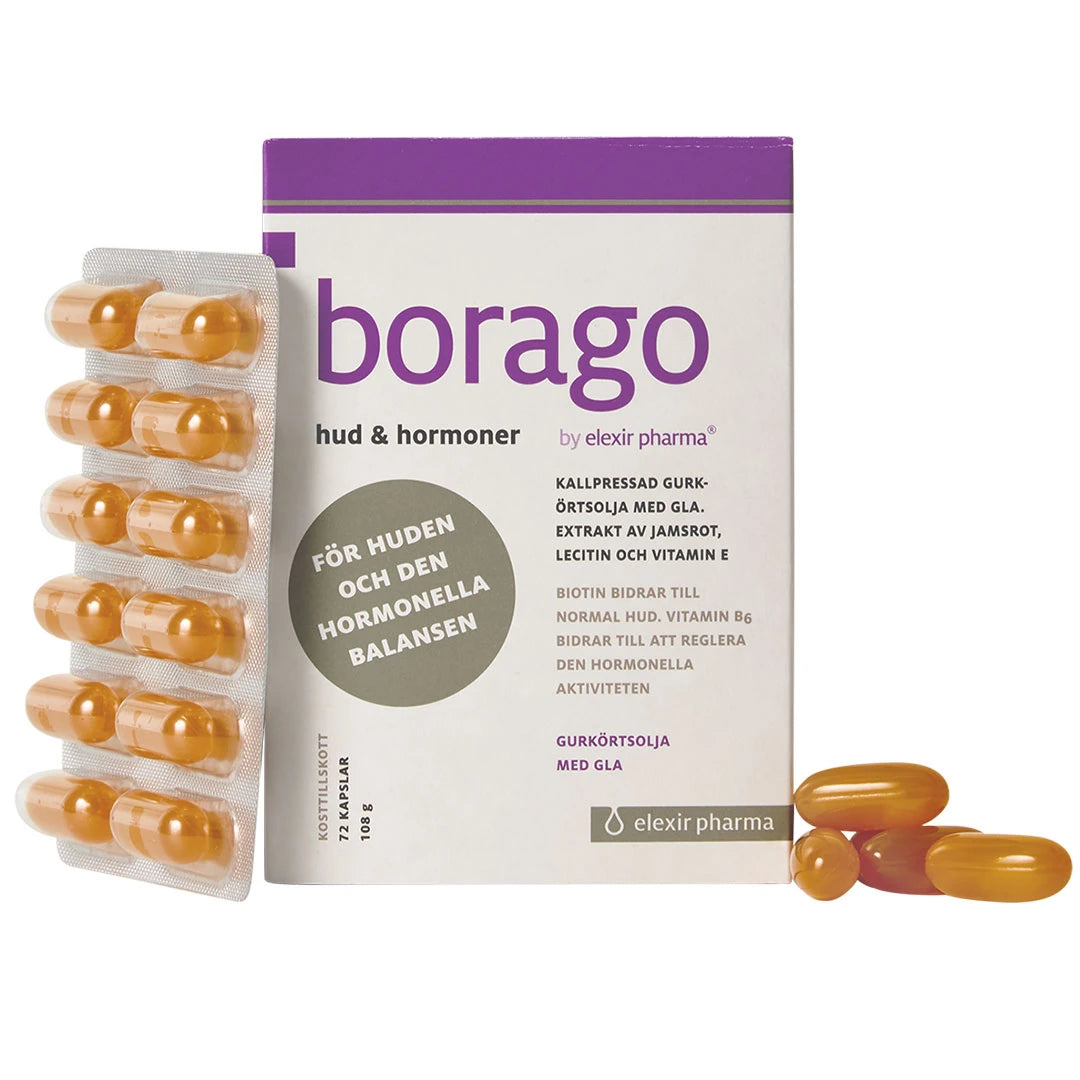 Elexir Pharma Borago 72 caps i en hvit eske med lilla tekst, ved siden av en blisterpakning og løse oransje kapsler.