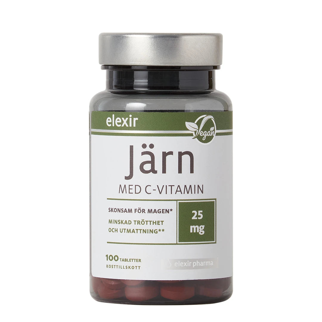 Elexir Pharma Jern med C-vitamin 100 tabs i en mørk plastboks med hvit etikett, grønne detaljer og sølvfarget lokk.